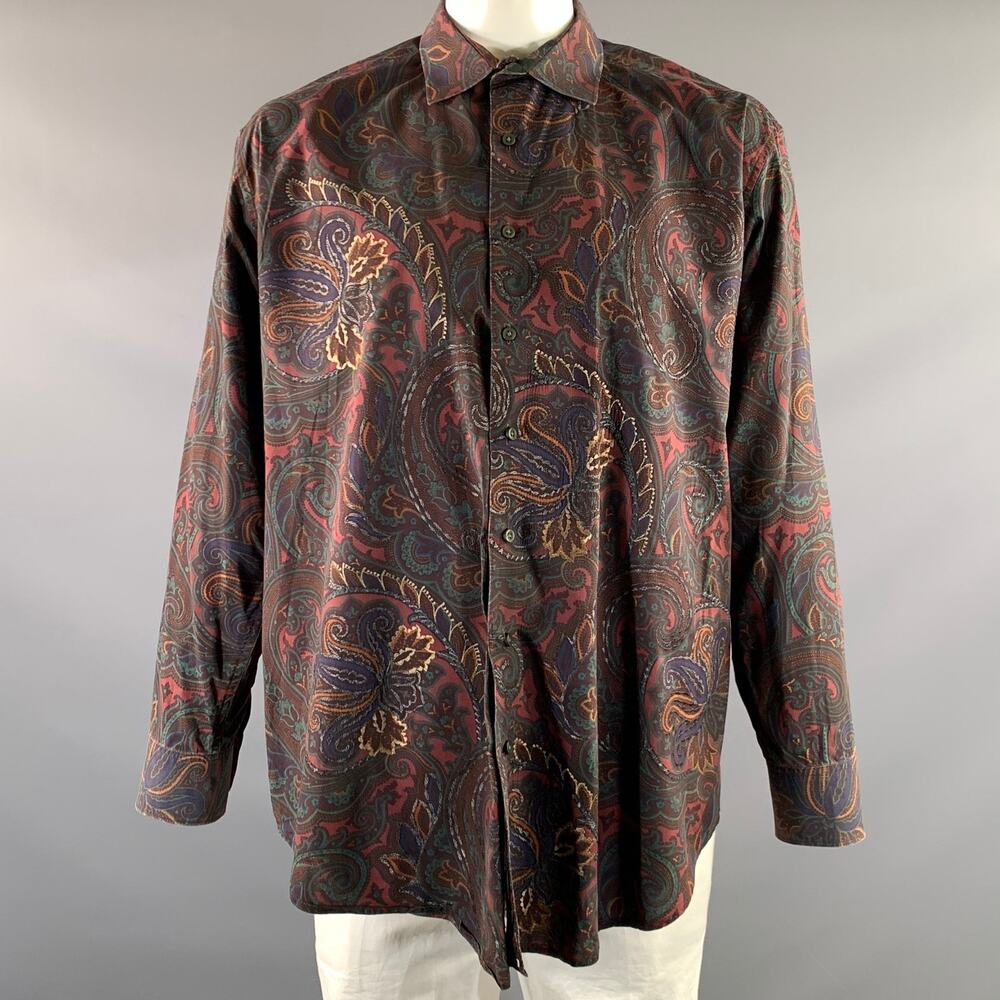 ROBERT GRAHAM Size XXL Burgundy Green Paisley Cotton Button Up Long Sleeve Shirt